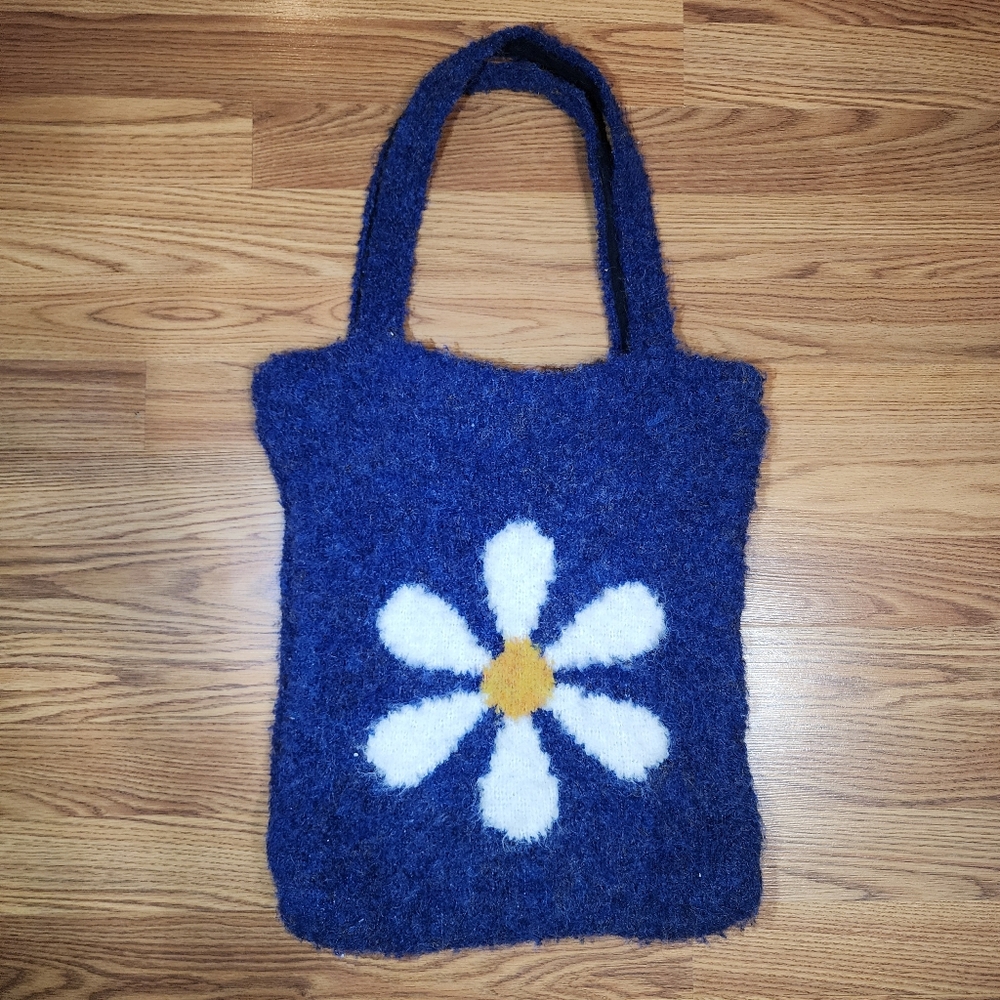 Free People Boho Hippie Wool Blend Daisy Flowers Blue Tote Bag
